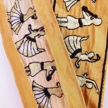 Beige Fabric Trim With Embroidered Dancers And Musicians in Gold & Black / Blue, Dance Music Trims, Approx. 80mm - 210119L514 / 15